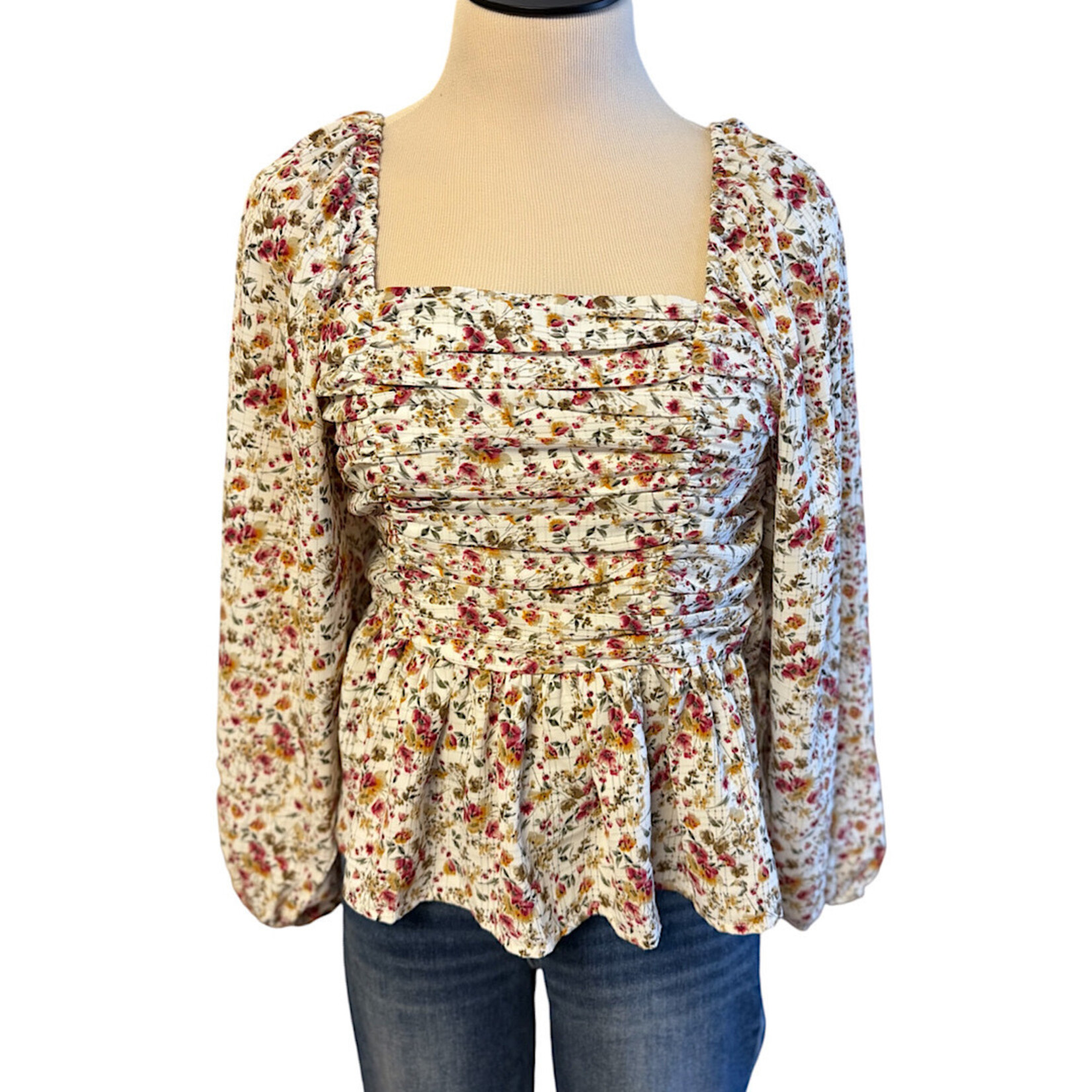White Floral Mix Long Sleeve Blouse Size Small- RF