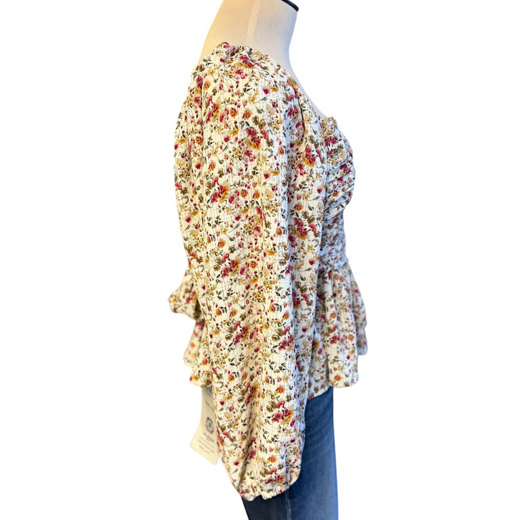 White Floral Mix Long Sleeve Blouse Size Small- RF