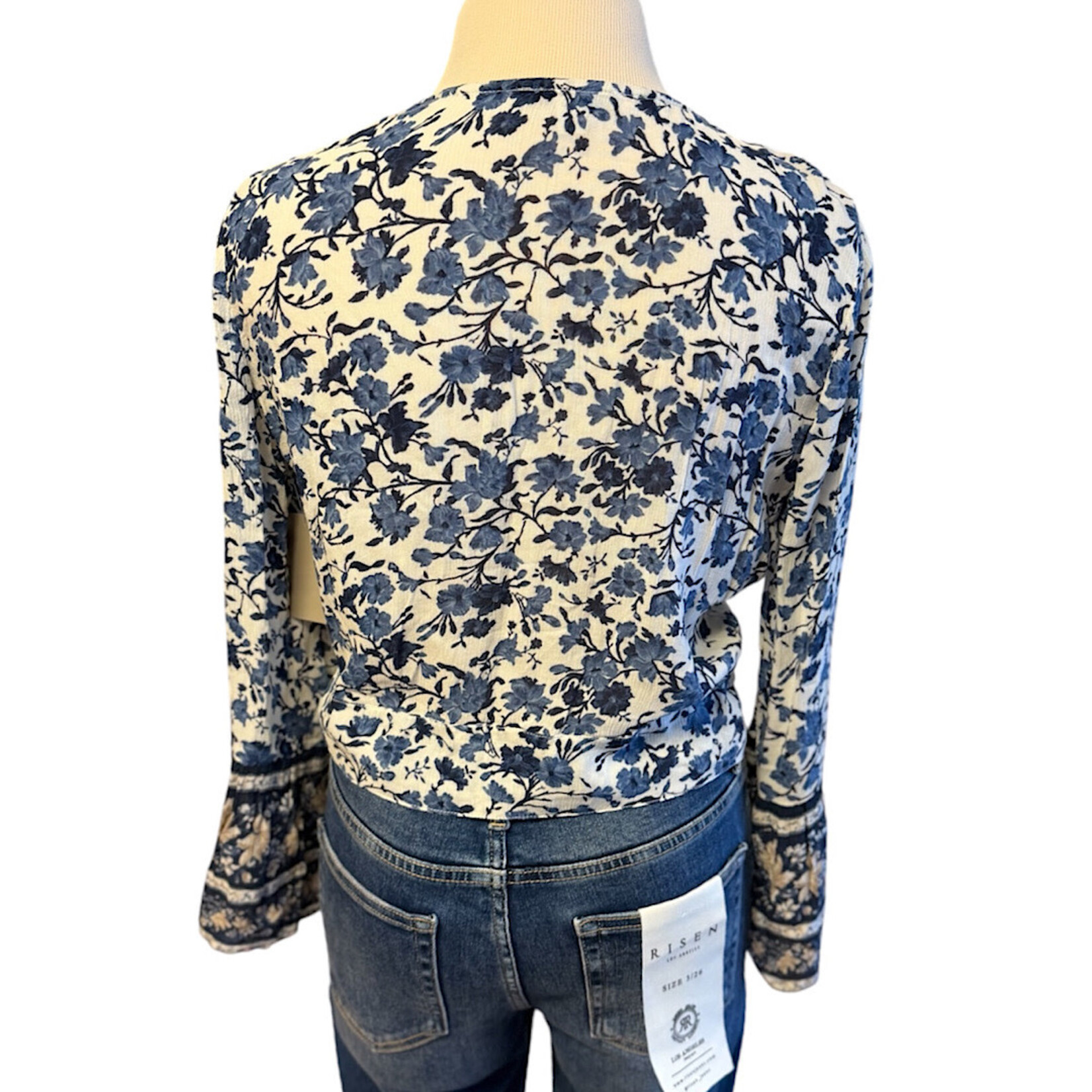 Navy Mix Floral Front Button With Tie Long Sleeve Blouse Size Small- RF