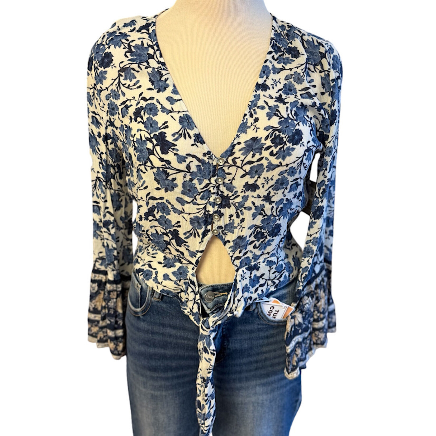Navy Mix Floral Front Button With Tie Long Sleeve Blouse Size Small- RF