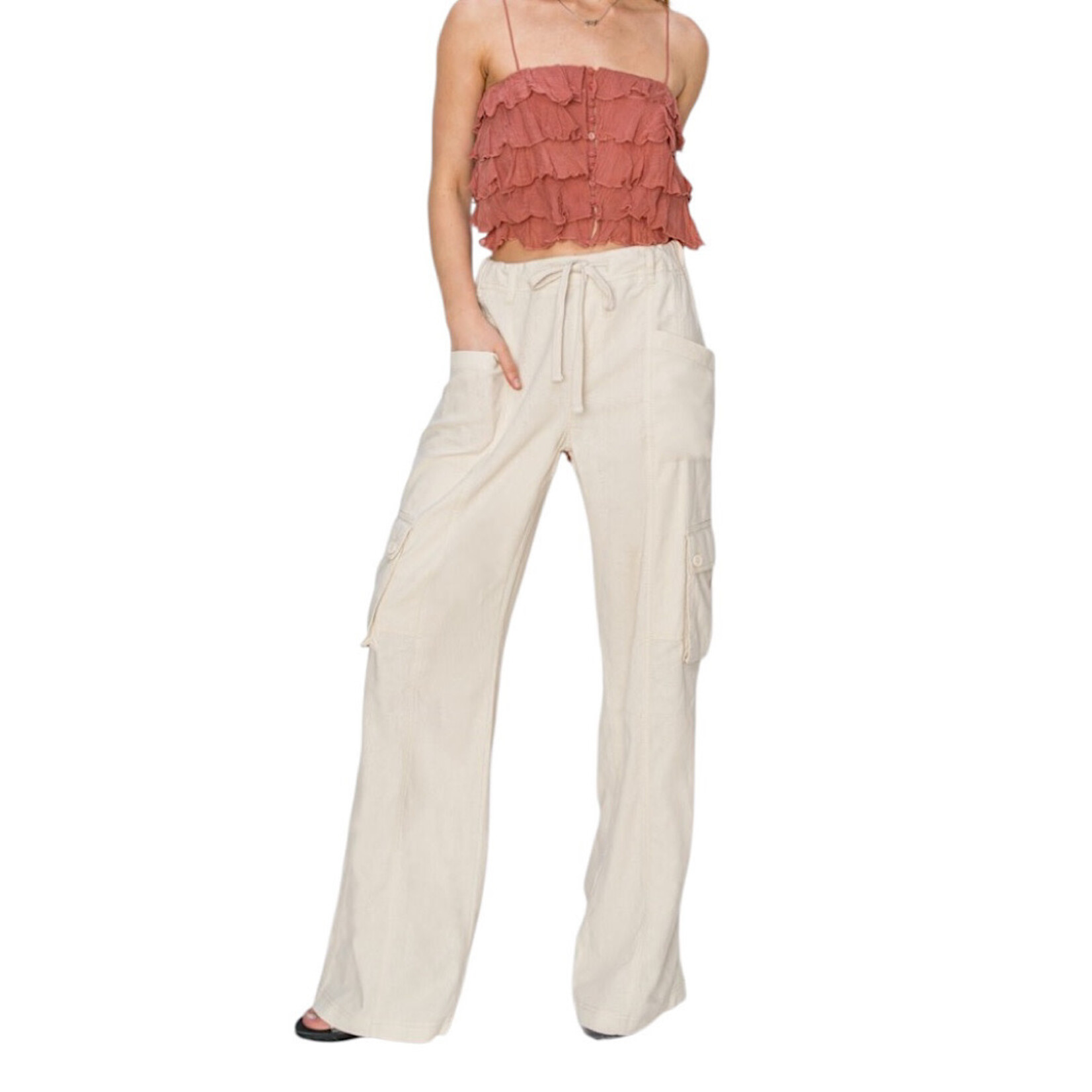 RDNP8049 Taupe High Rise Linen Wide Cargo Pants