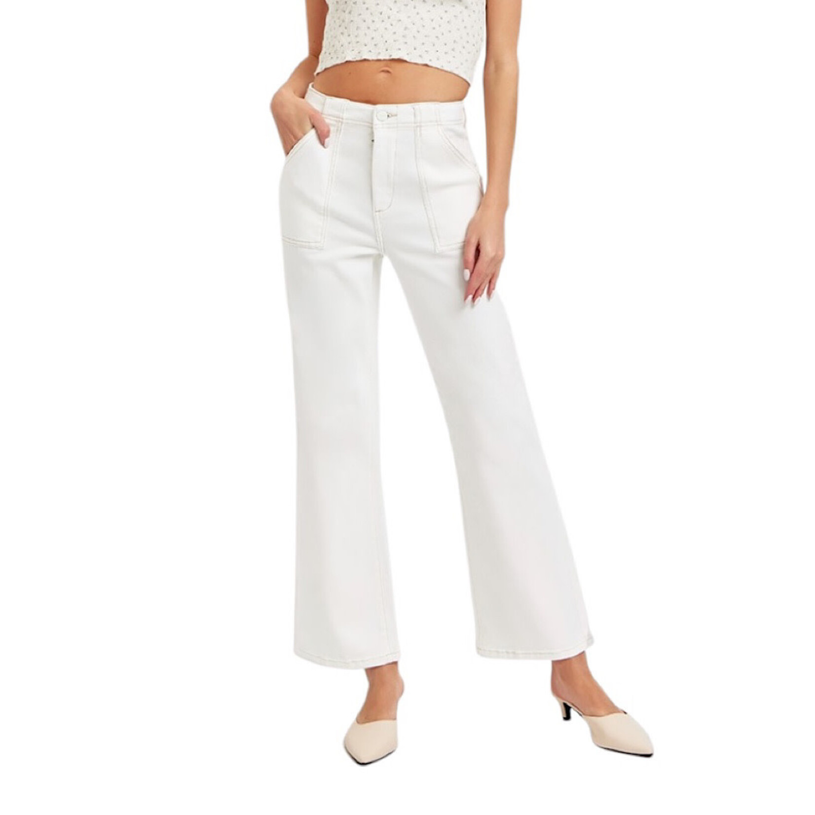RDP5662 Cream High- Rise Ankle Flare Patch Pocket Pants