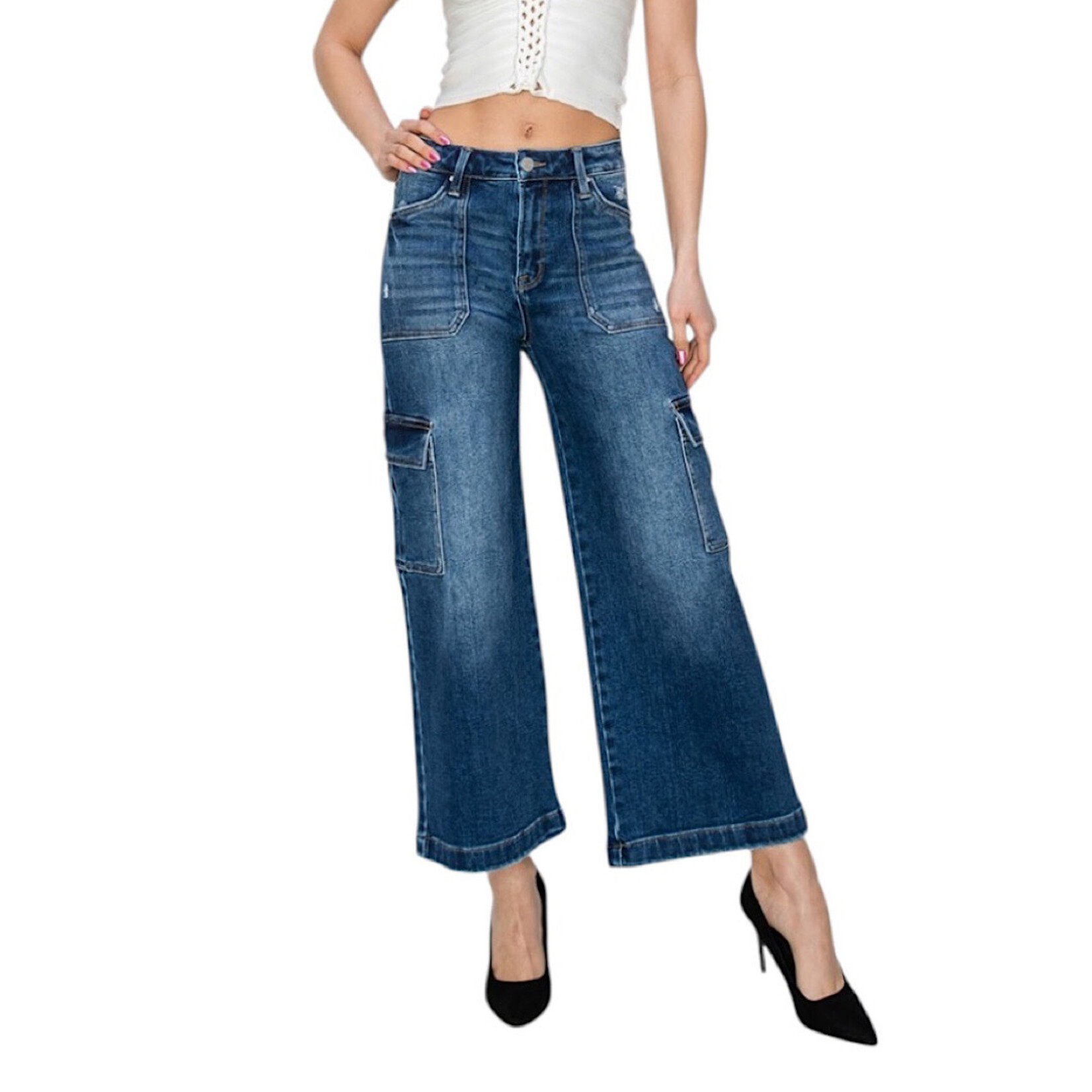 RDP5777 Medium Wash High Rise Crop Wide Leg Cargo Jeans