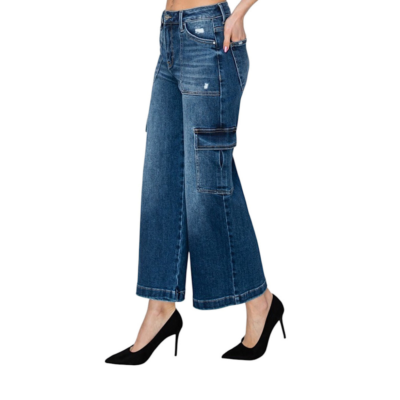 RDP5777 Medium Wash High Rise Crop Wide Leg Cargo Jeans