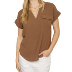 Brown Split Neck Back Button Short Fold Sleeve Blouse