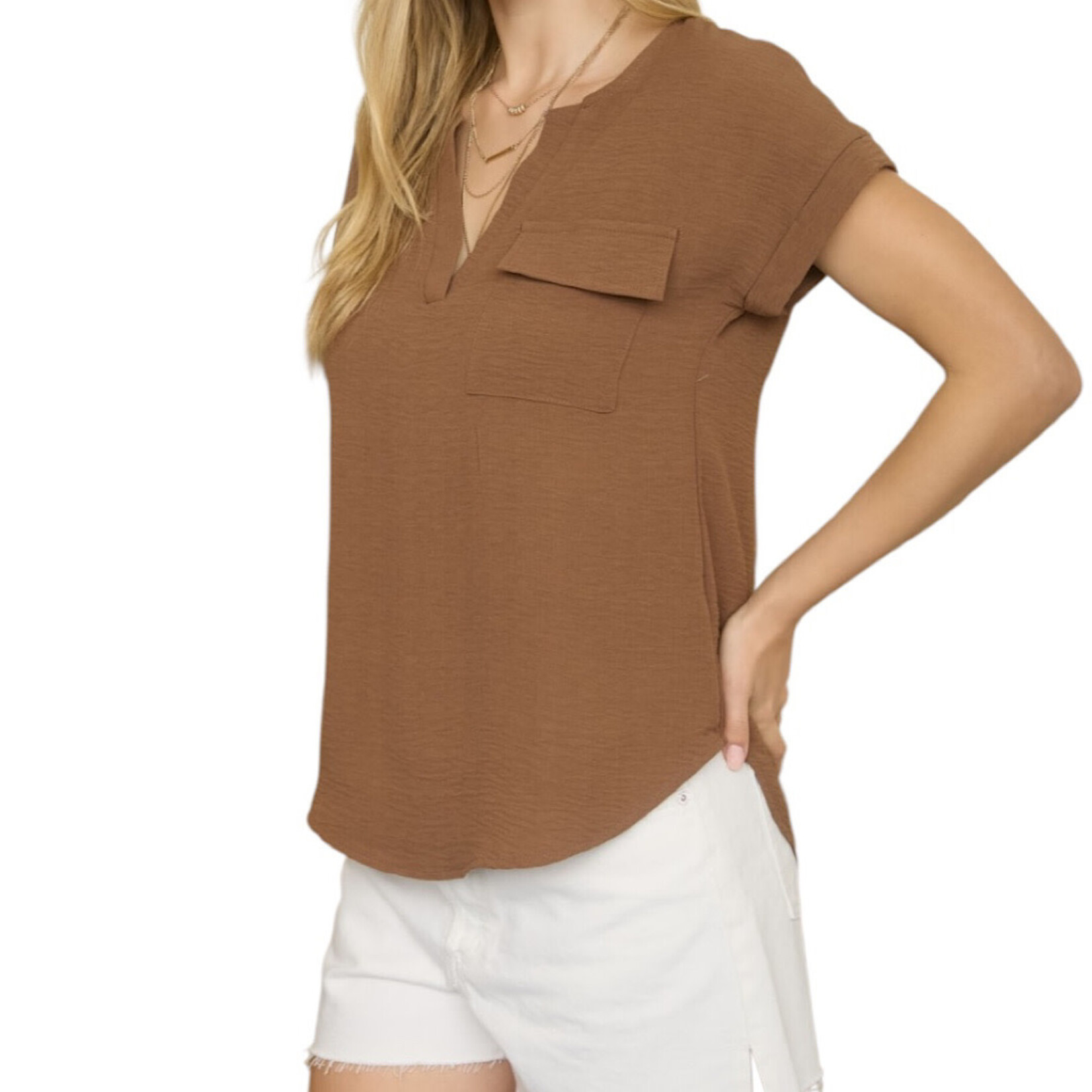 Brown Split Neck Back Button Short Fold Sleeve Blouse