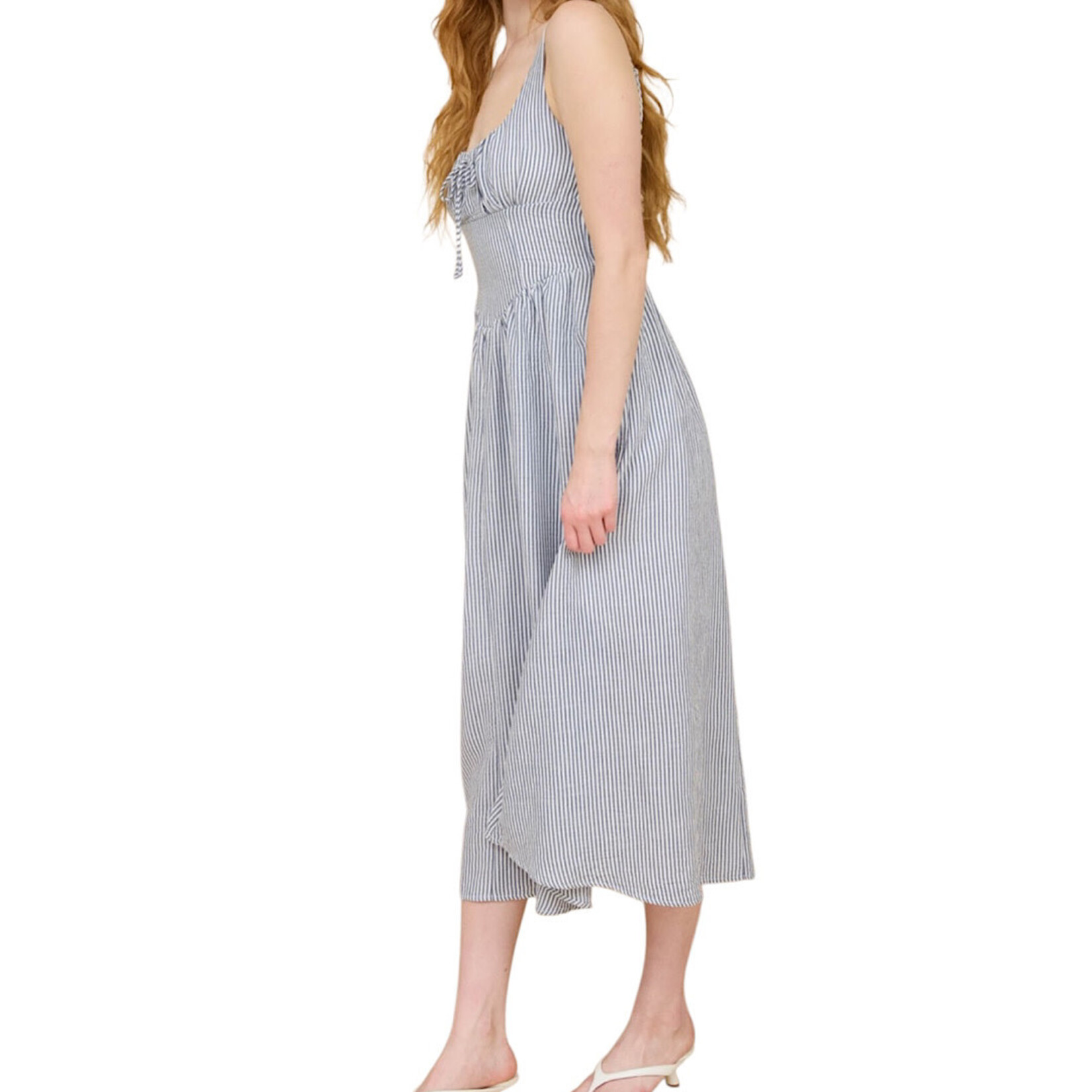 Navy Striped Sleeveless Corset Detail Mid Length Dress