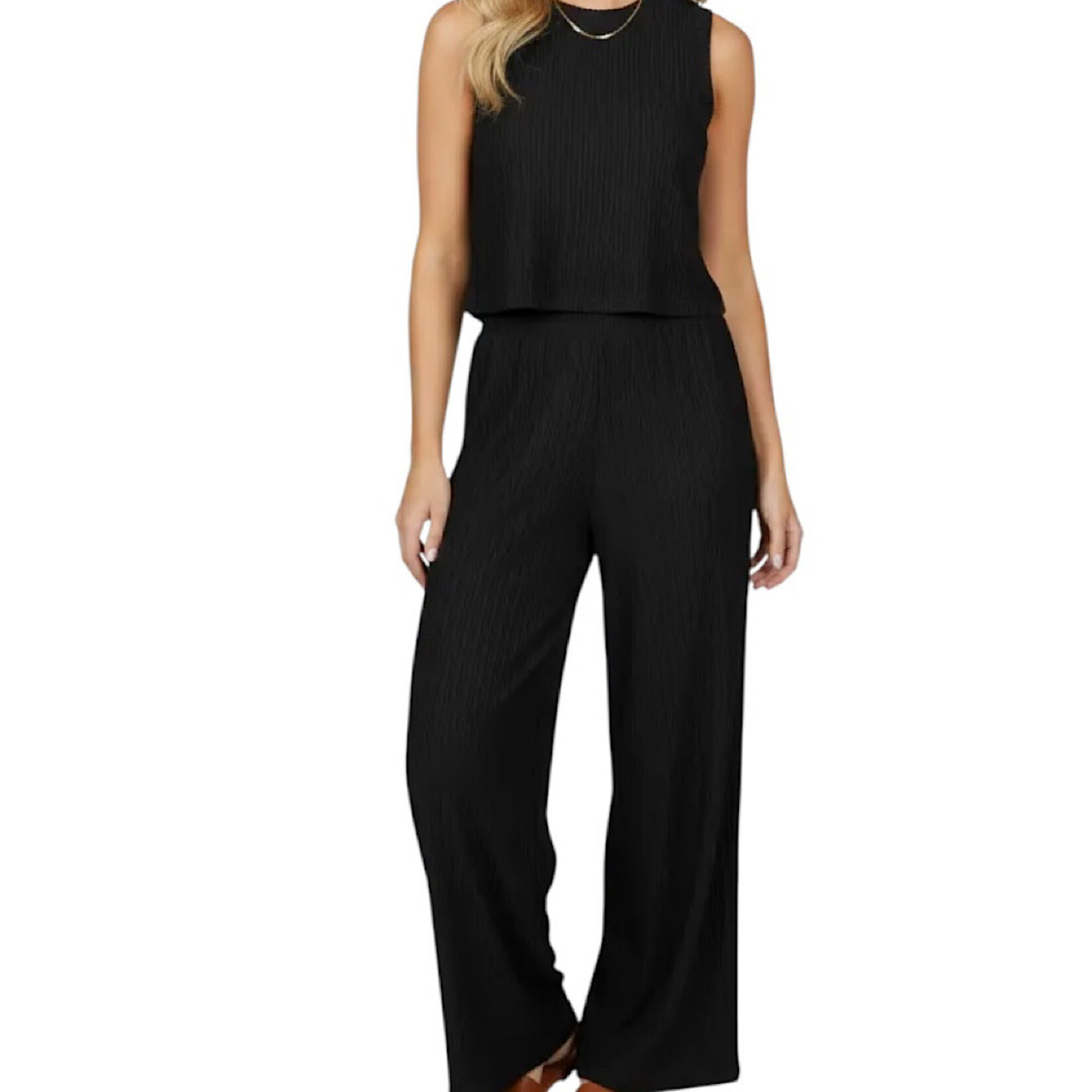 LTX Sportswear Black Sleeveless Crinkle Top & Wide Leg Pant Set