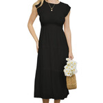 Black Tiered Smocked Short Sleeve Midi Dress