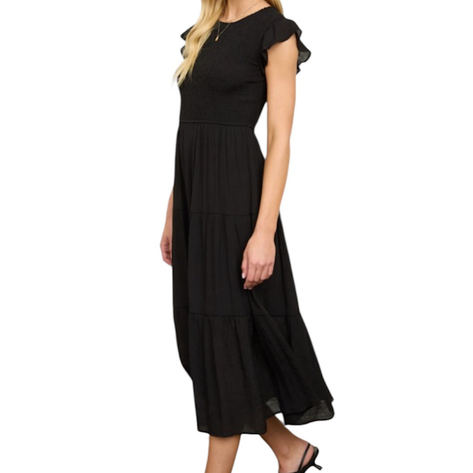Black Tiered Smocked Short Sleeve Midi Dress
