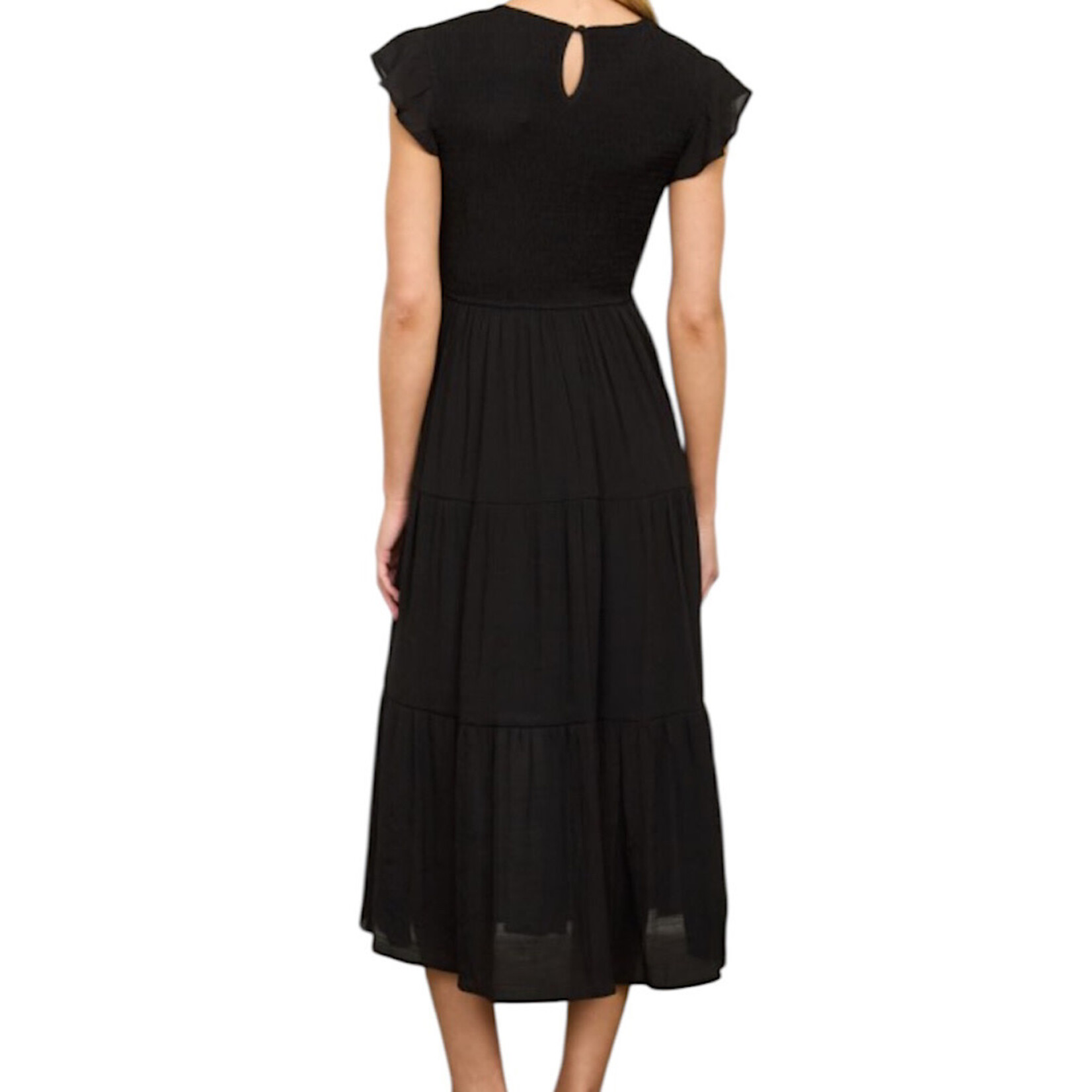 Black Tiered Smocked Short Sleeve Midi Dress