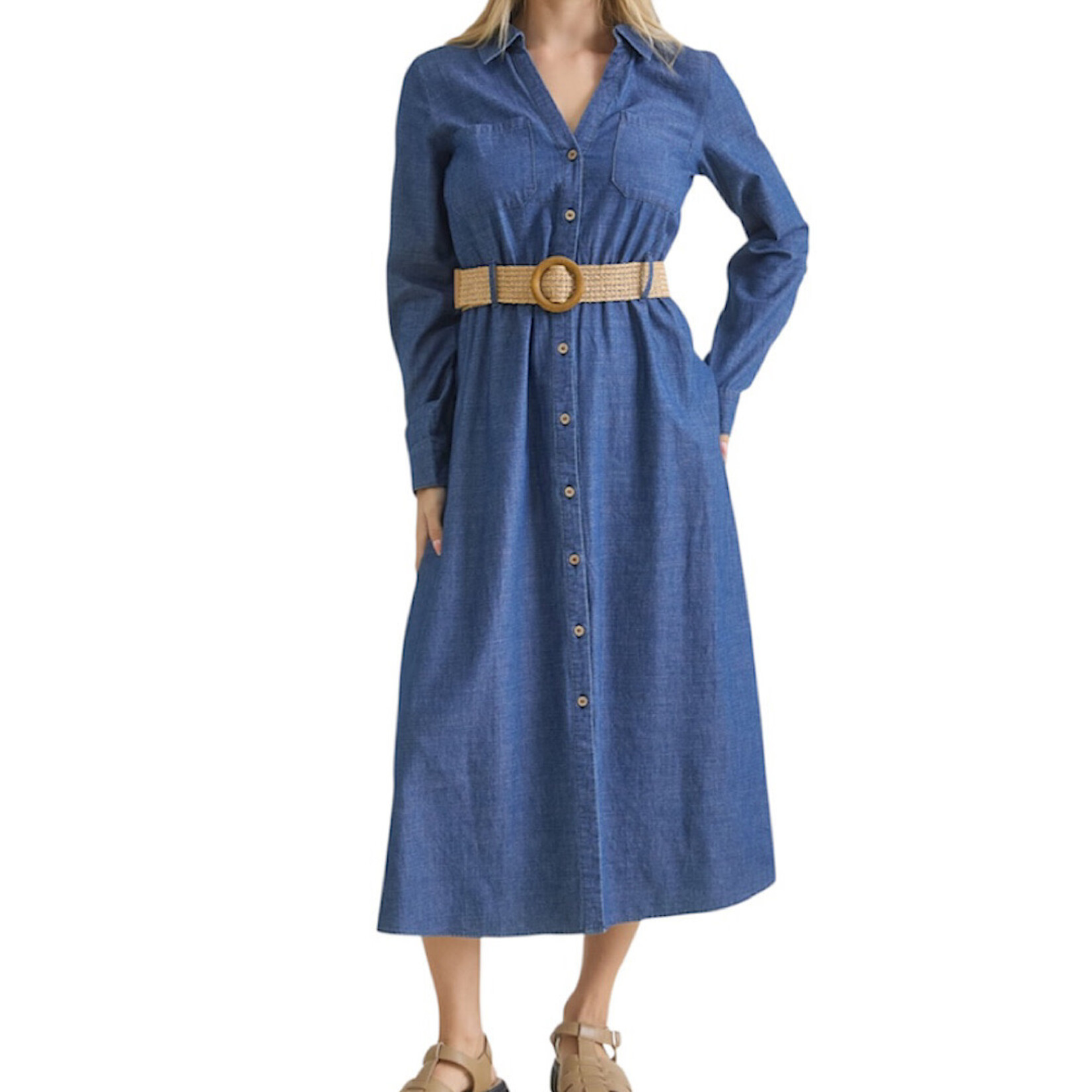 Denim Button Down Belted Dress