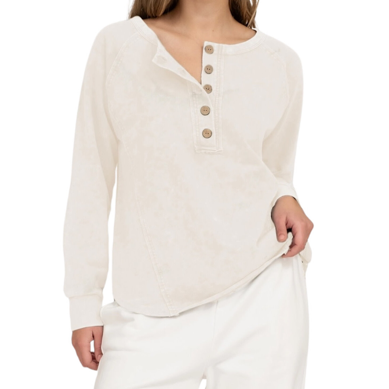 Ivory Washed Henley Raglan L/S Knit Top