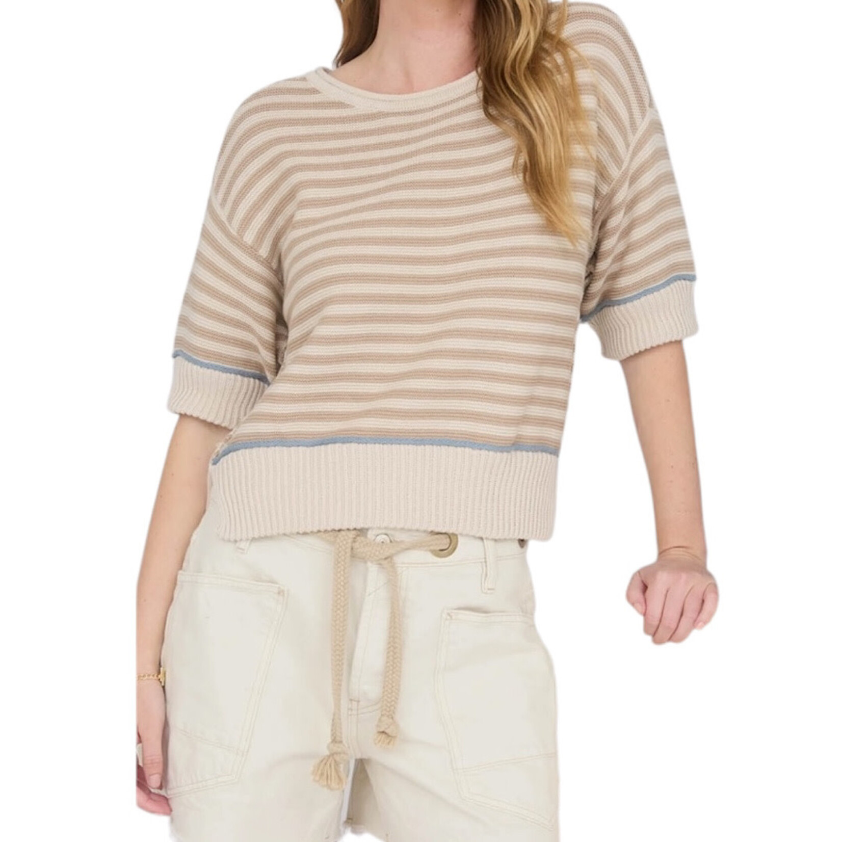 Khaki Stripe Raw Edge Trim Sweater
