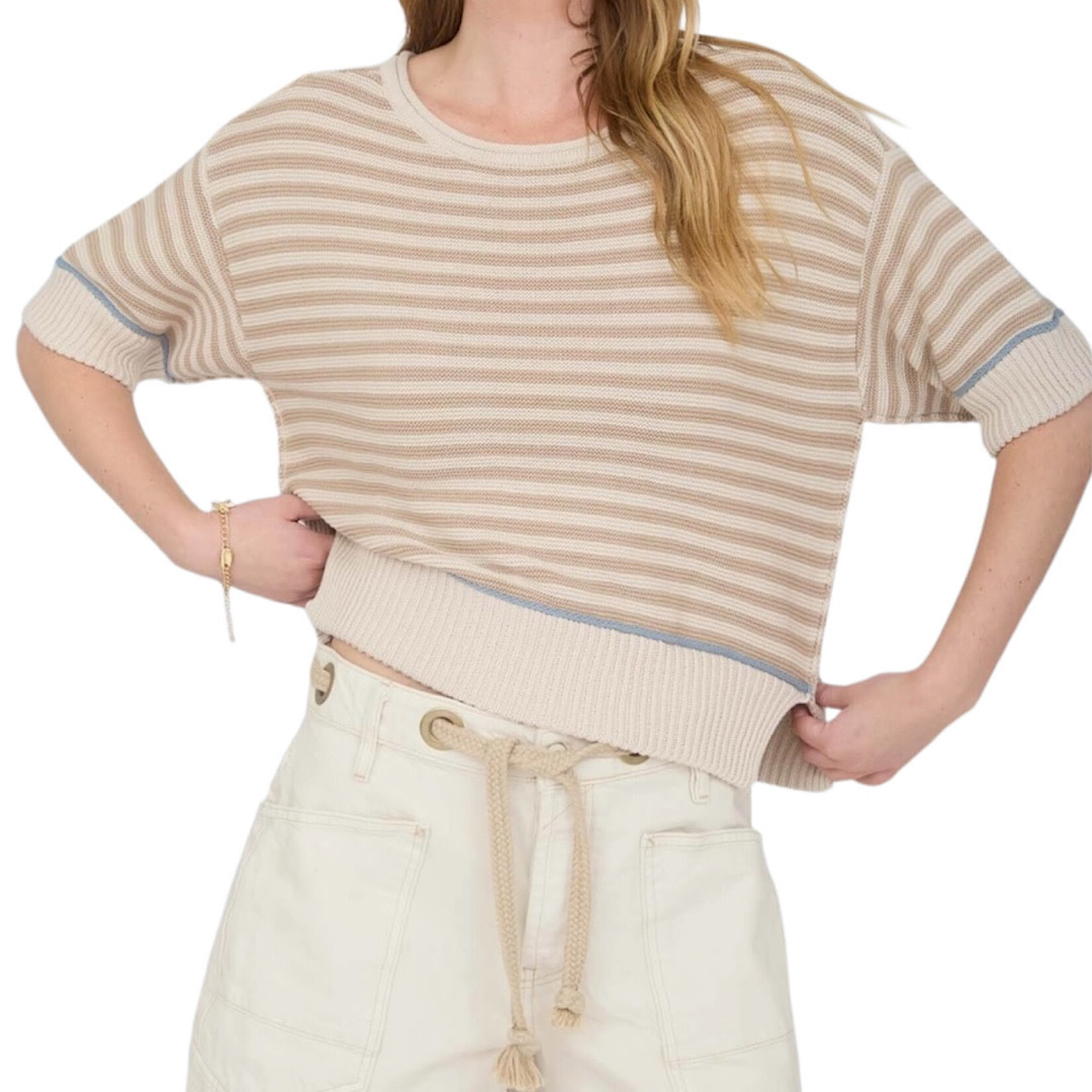 Khaki Stripe Raw Edge Trim Sweater