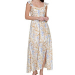 Cream Multi Floral Tie Waist Sleeveless Midi Dress with Slit