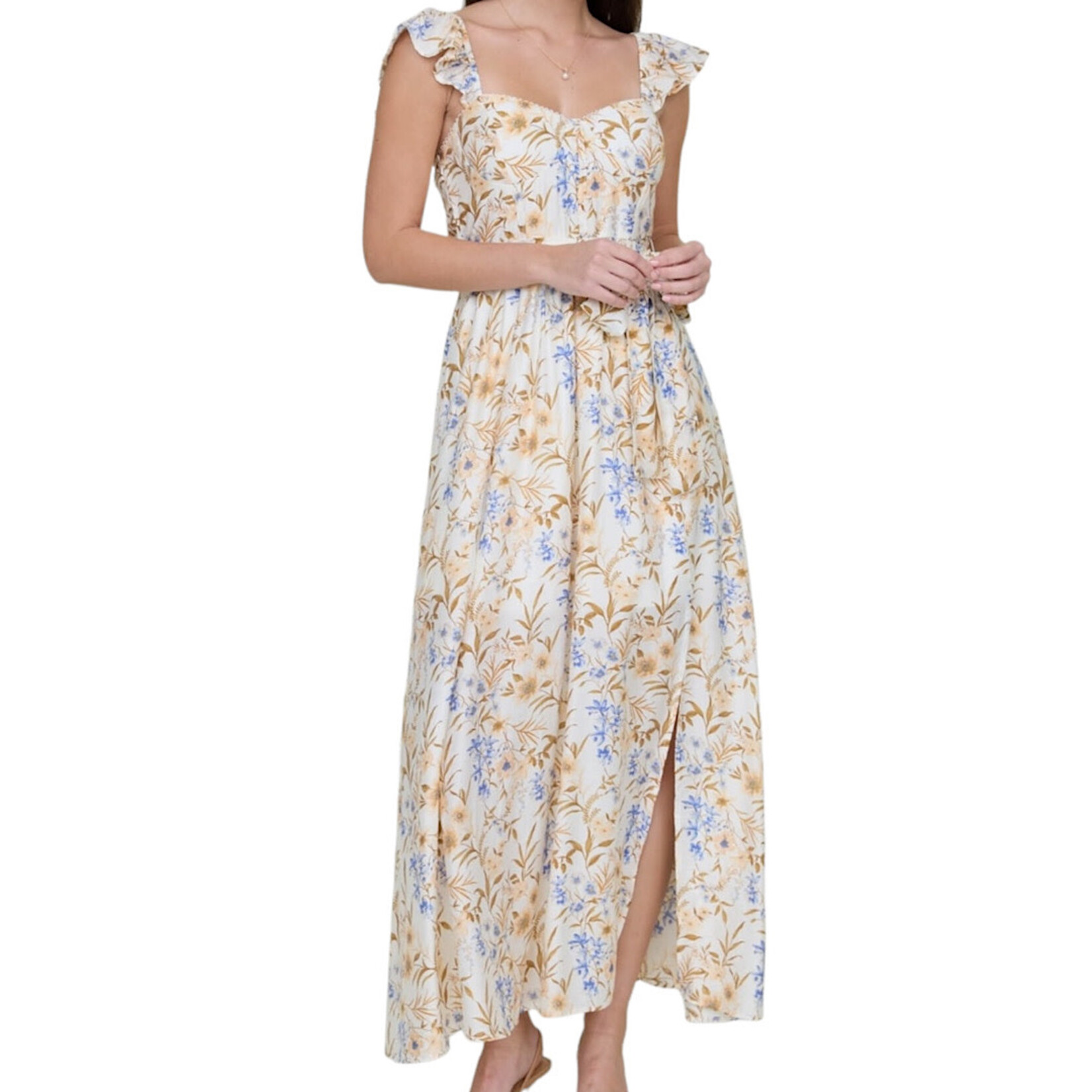 Cream Multi Floral Tie Waist Sleeveless Midi Dress with Slit