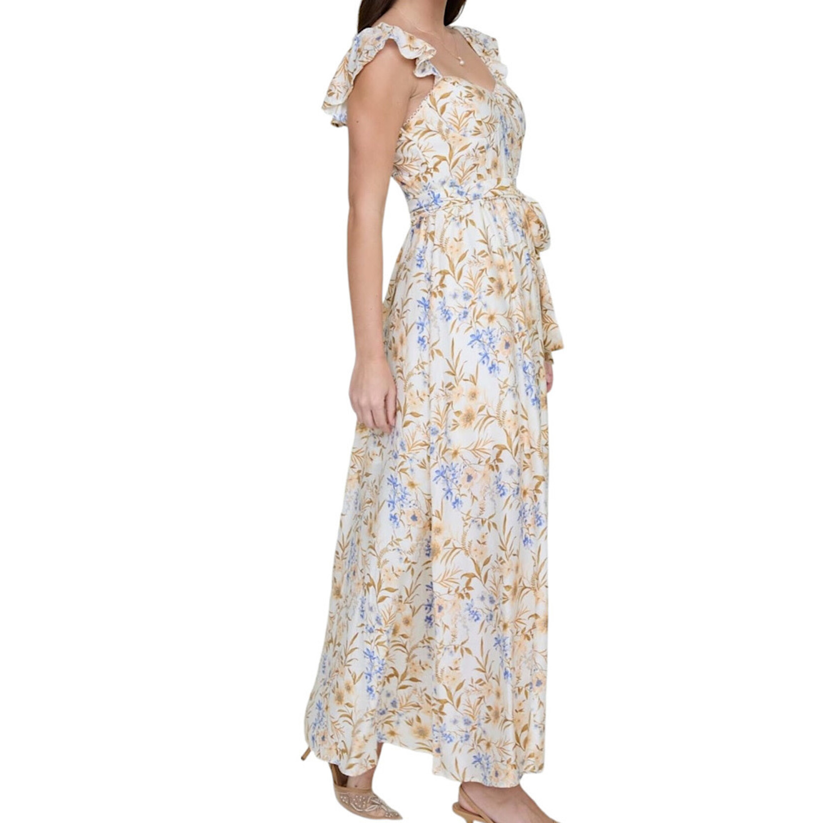 Cream Multi Floral Tie Waist Sleeveless Midi Dress with Slit