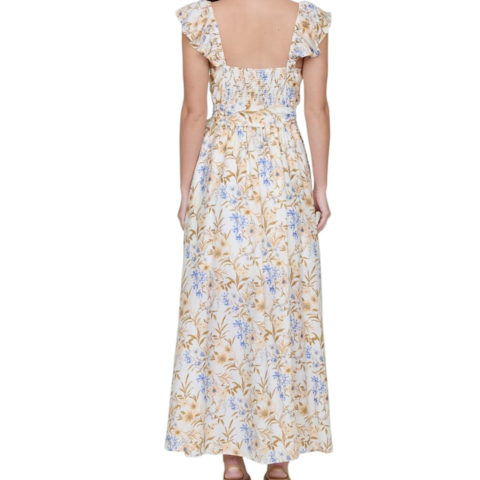 Cream Multi Floral Tie Waist Sleeveless Midi Dress with Slit