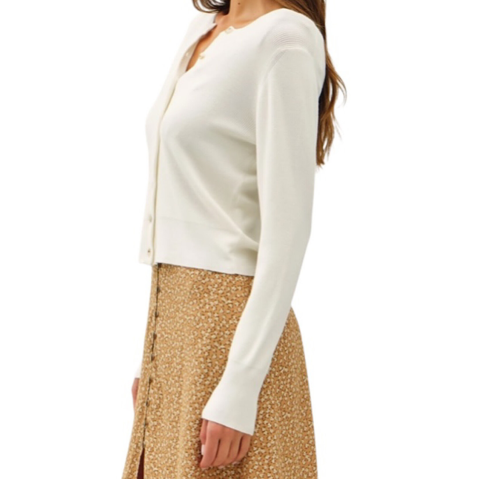 Everyday Essential Ribbed Button Up Crewneck Cardigan Off White