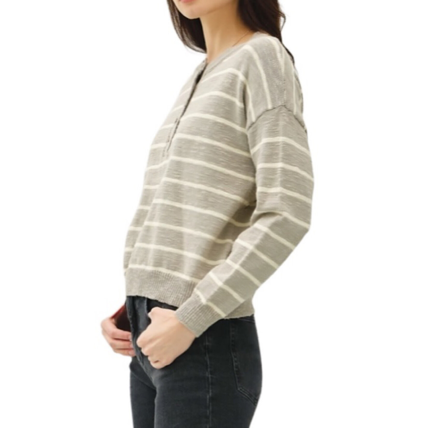 Striped Cotton Slub Button Up Henley Sweater