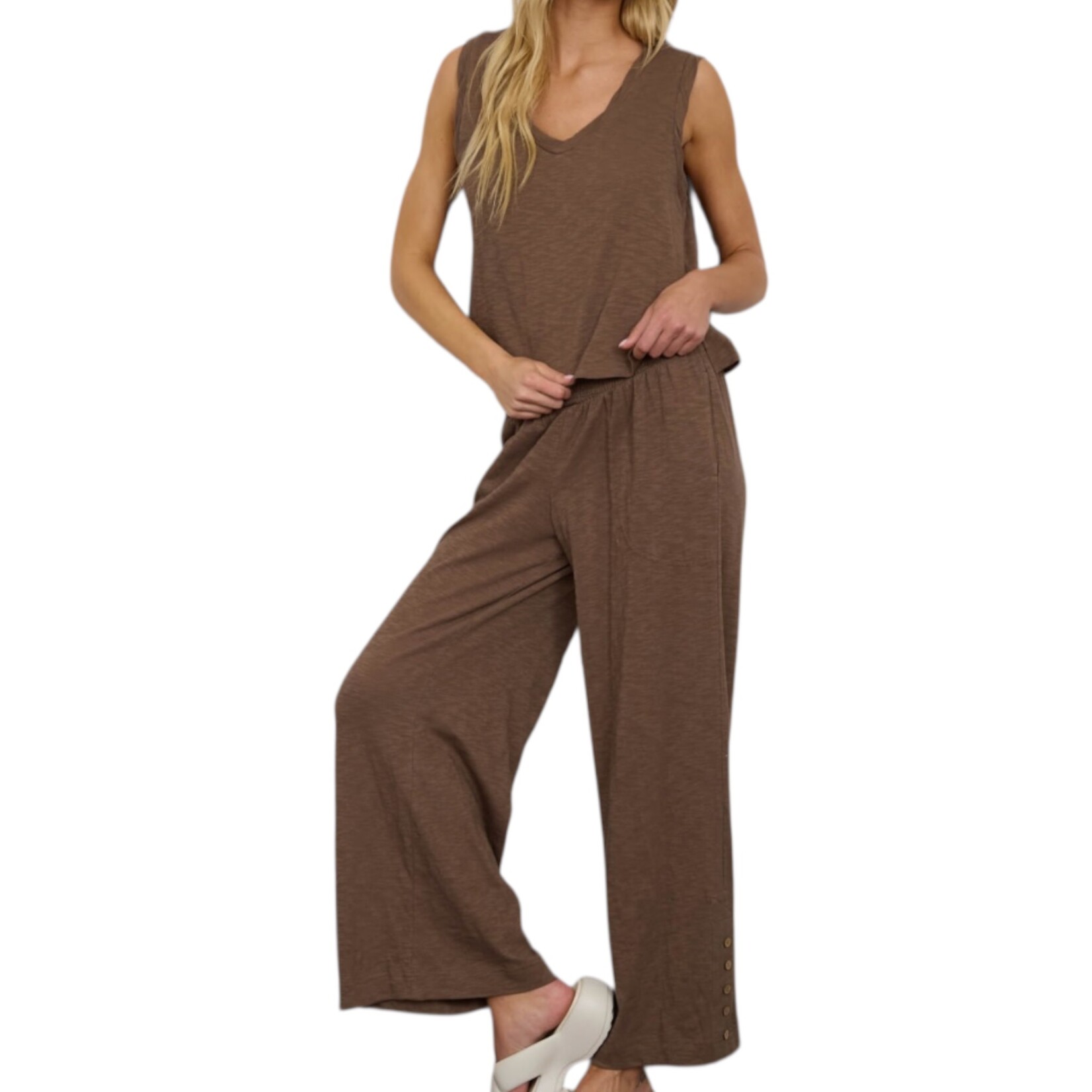 Dark Brown V-Neck Top And Pant Set