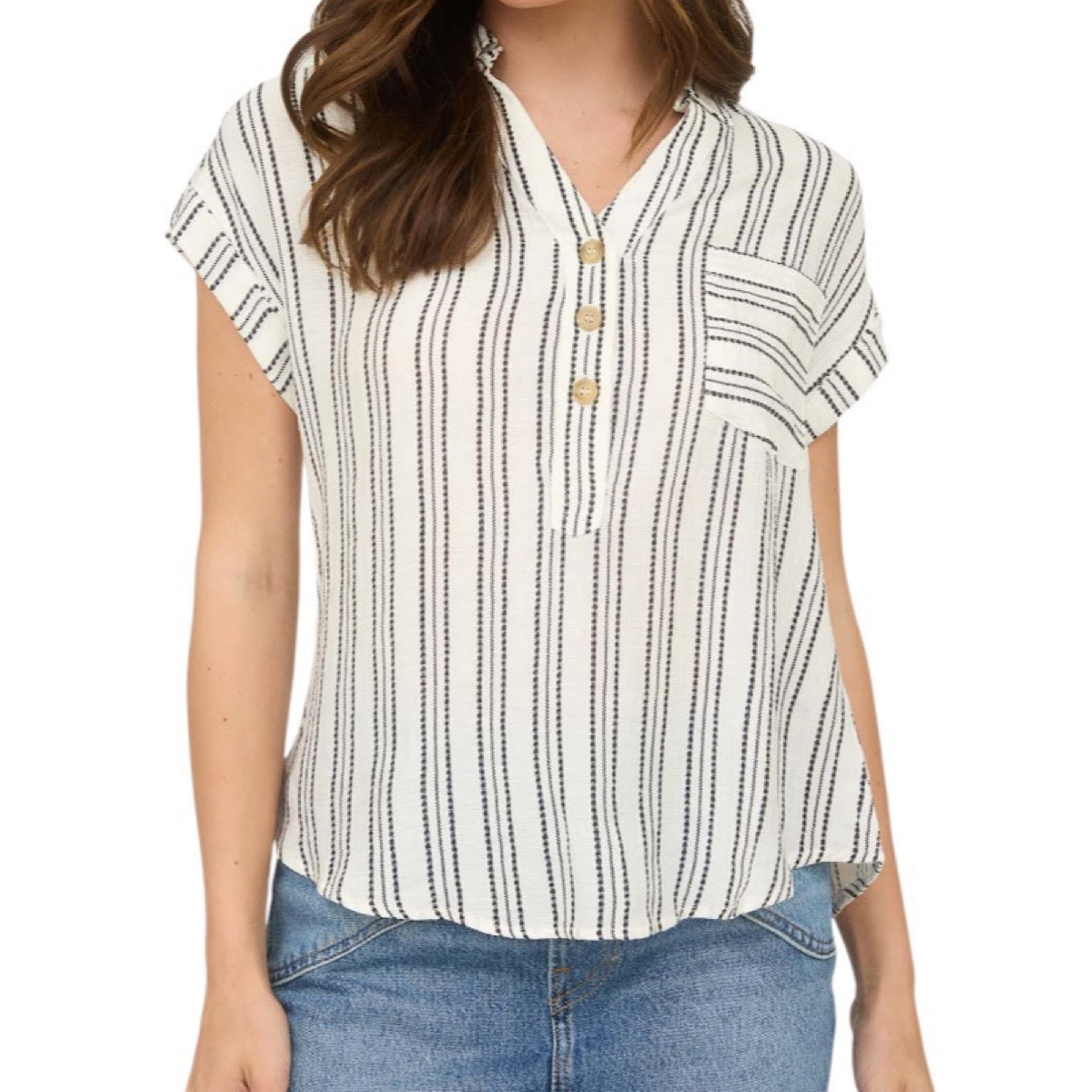Plus Cream Stripe Half Button Top