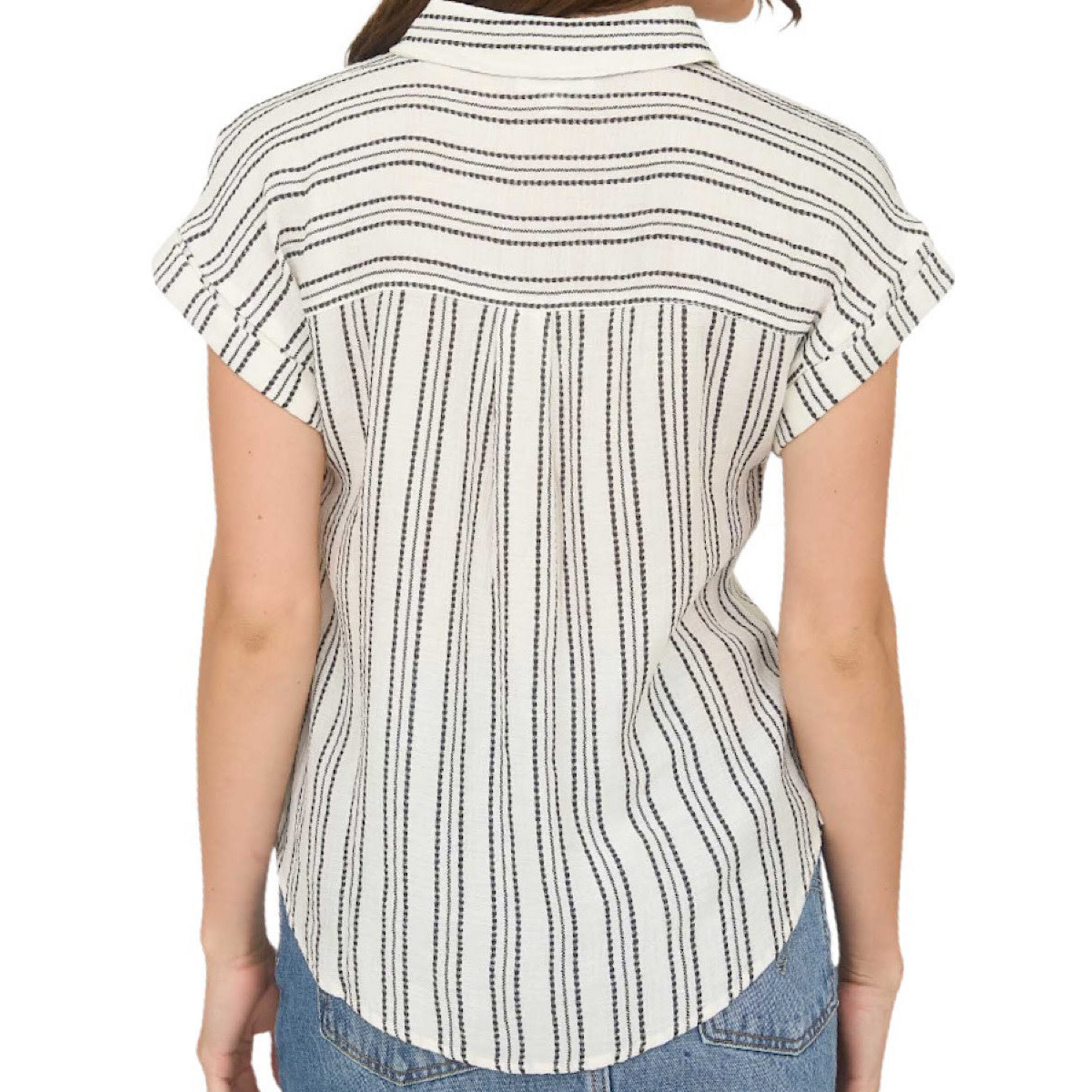 Plus Cream Stripe Half Button Top
