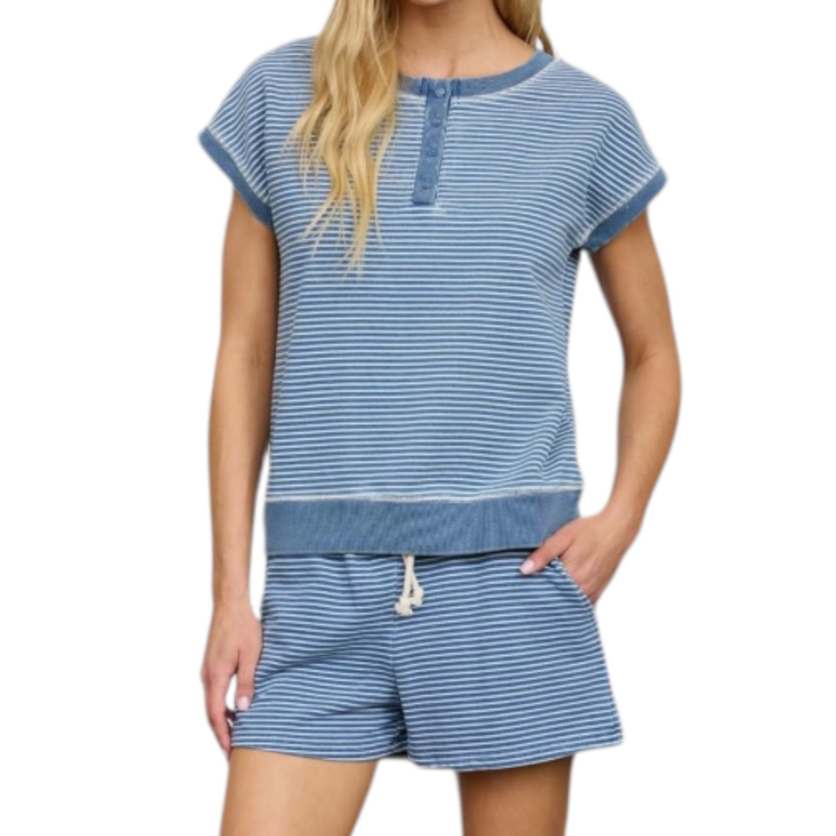 Denim Stripe Henley Knit Top and Short Set