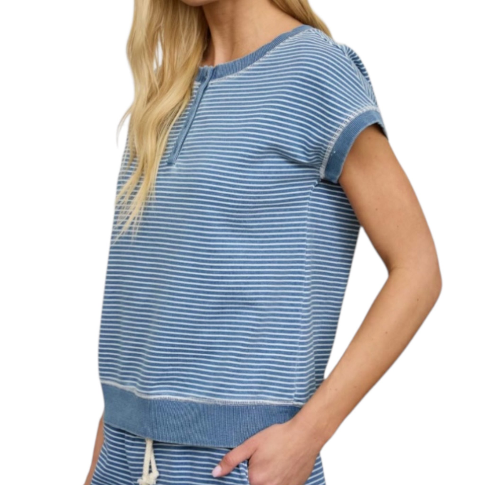 Denim Stripe Henley Knit Top and Short Set
