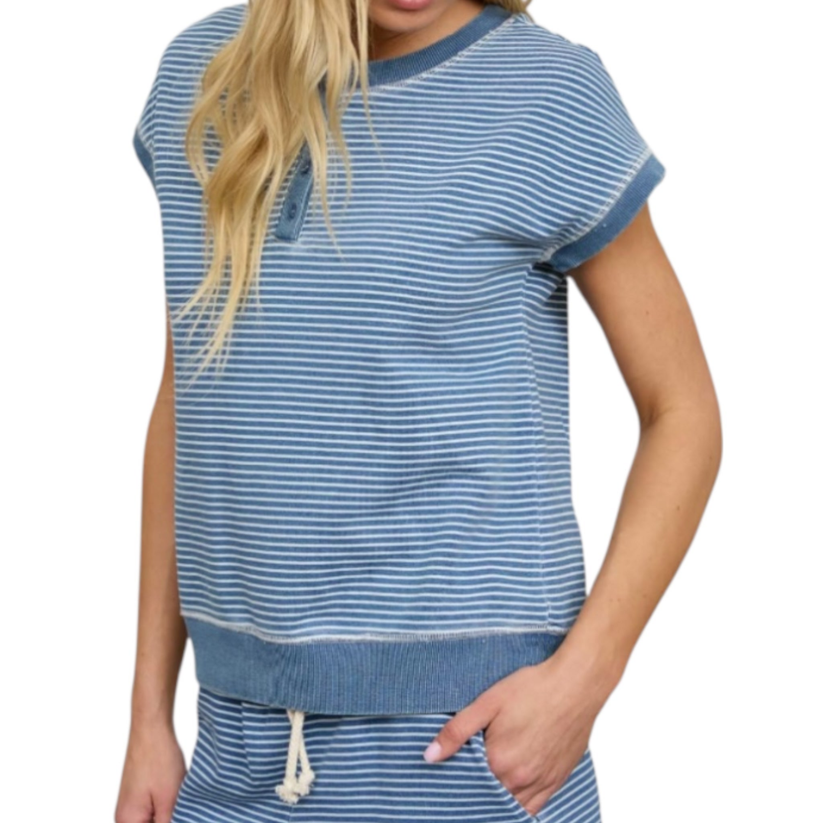 Denim Stripe Henley Knit Top and Short Set