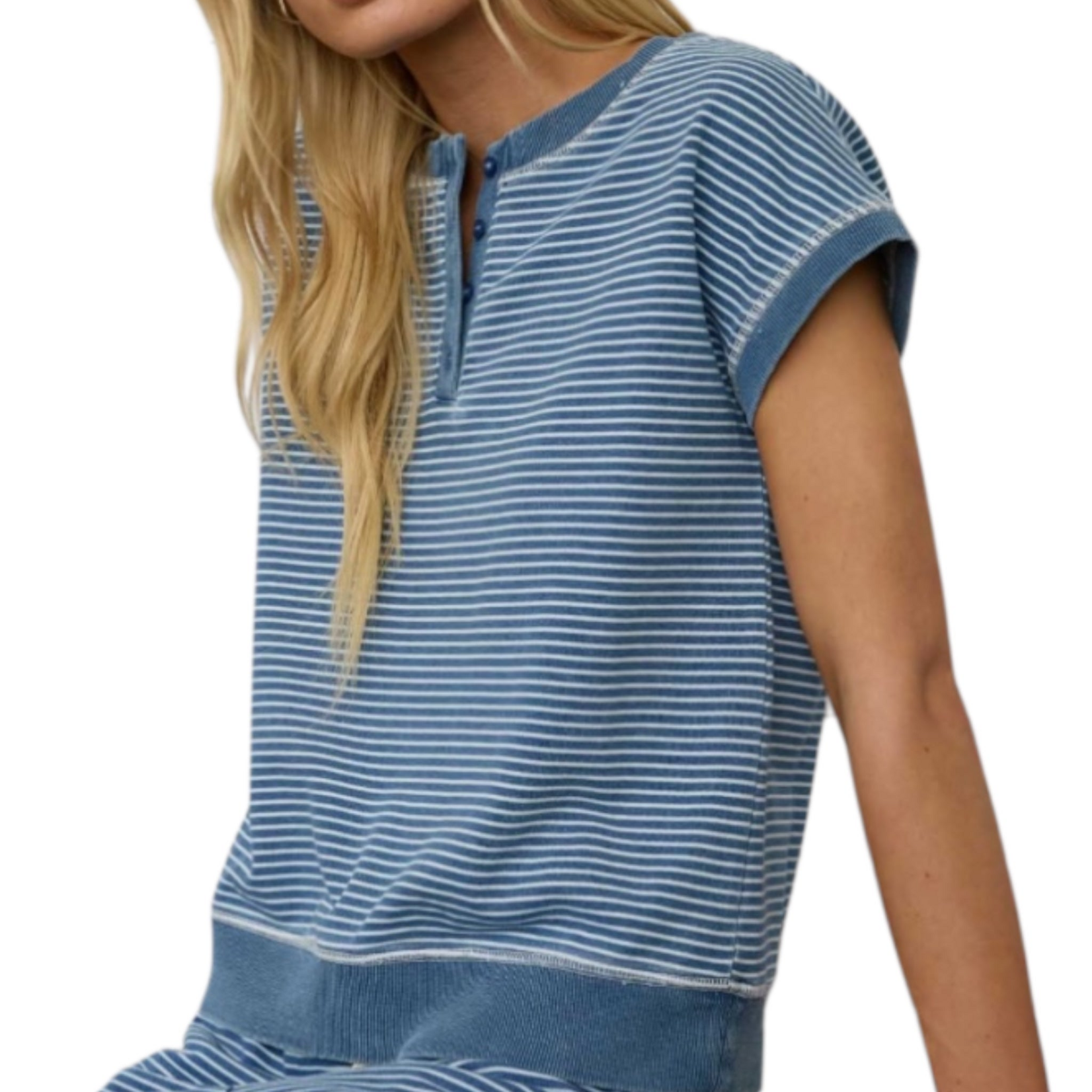 Denim Stripe Henley Knit Top and Short Set