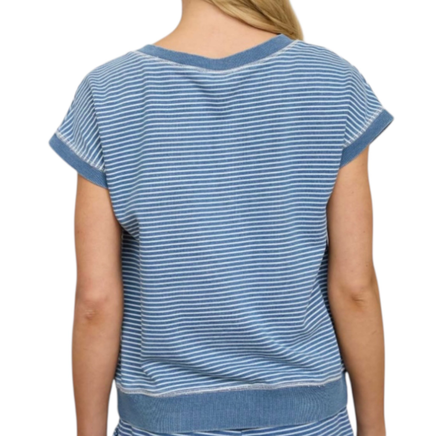 Denim Stripe Henley Knit Top and Short Set