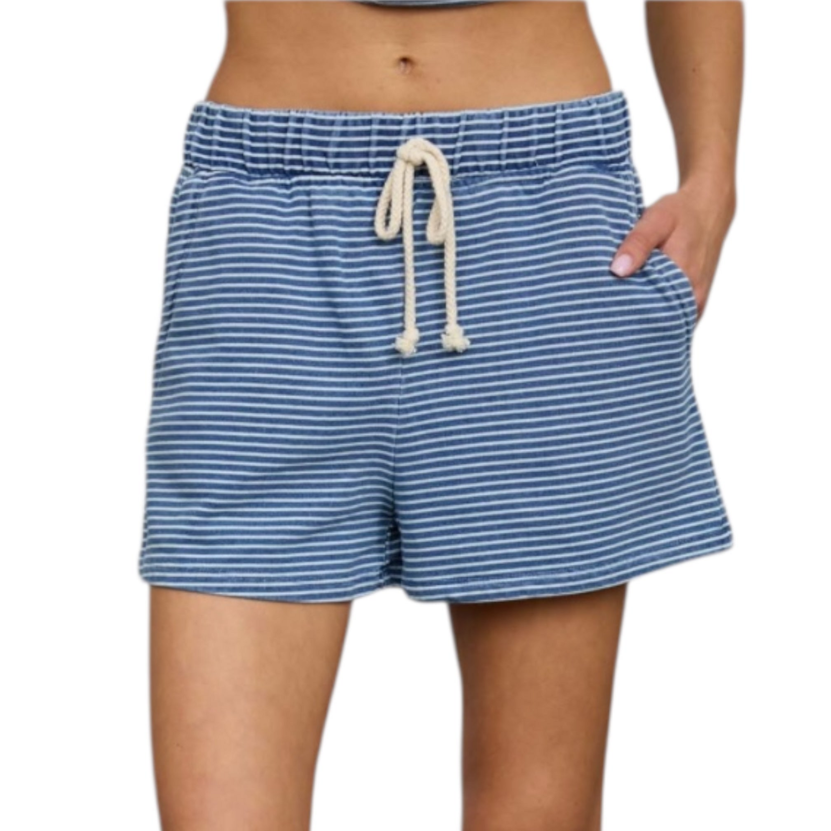 Denim Stripe Henley Knit Top and Short Set