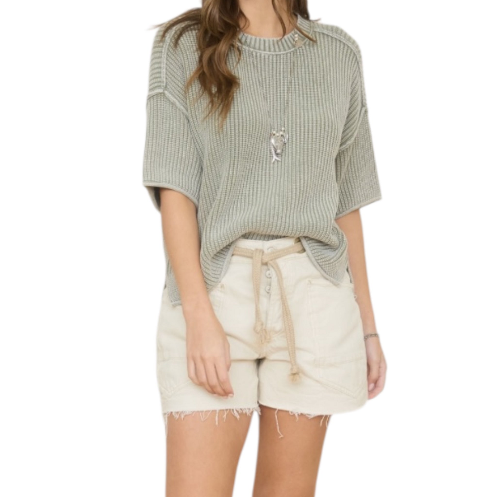 Light Olive Raw Edge Short Sleeve Sweater