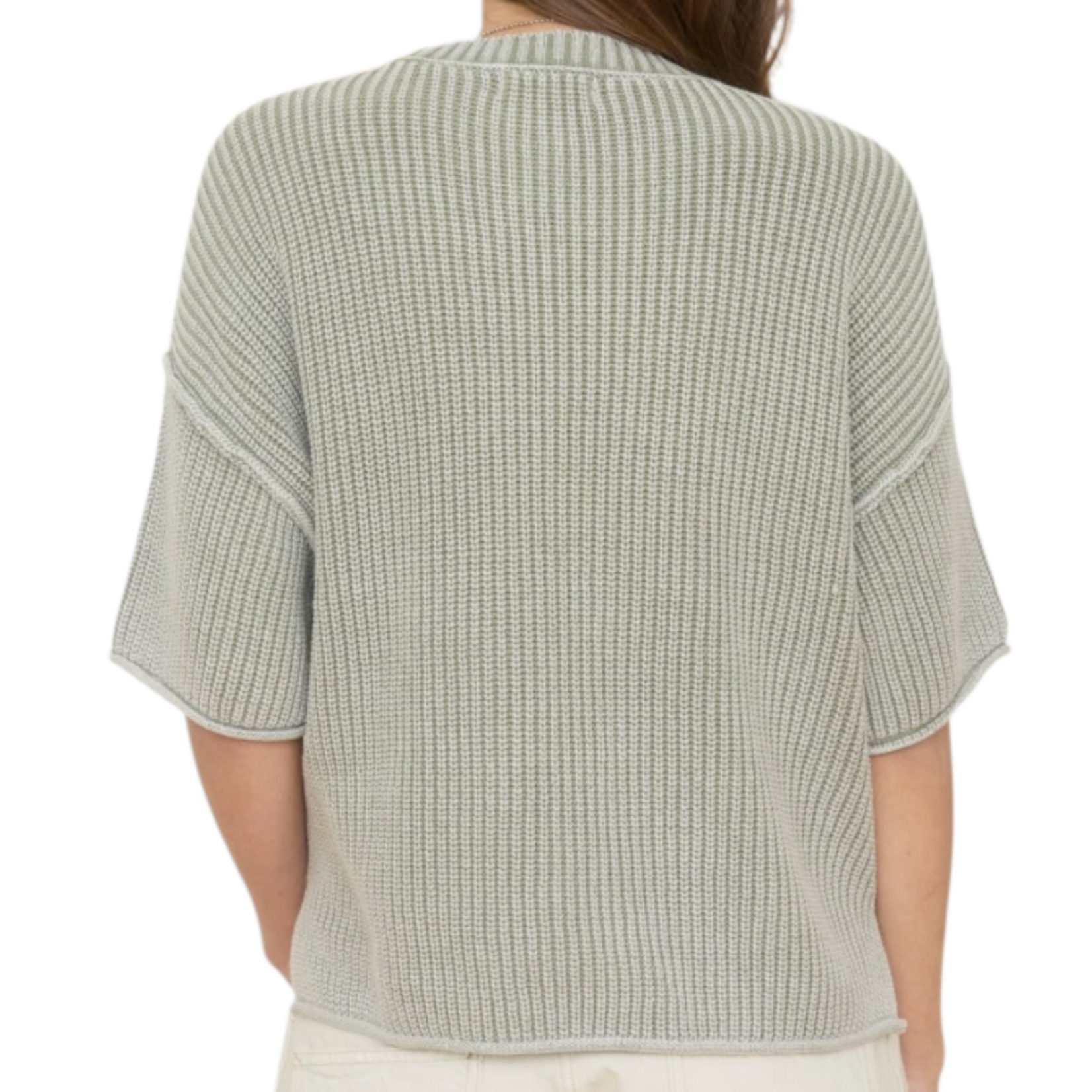 Light Olive Raw Edge Short Sleeve Sweater