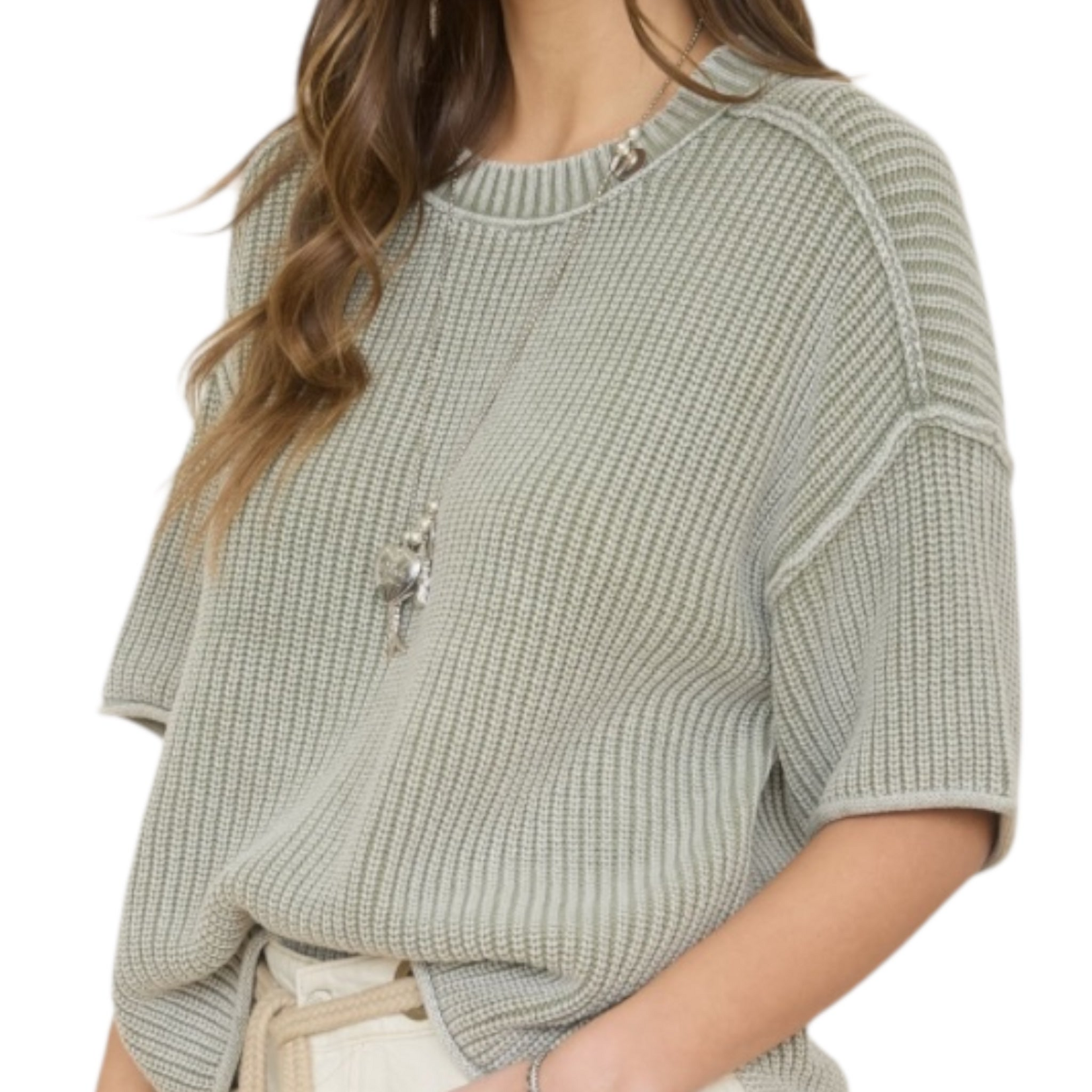 Light Olive Raw Edge Short Sleeve Sweater
