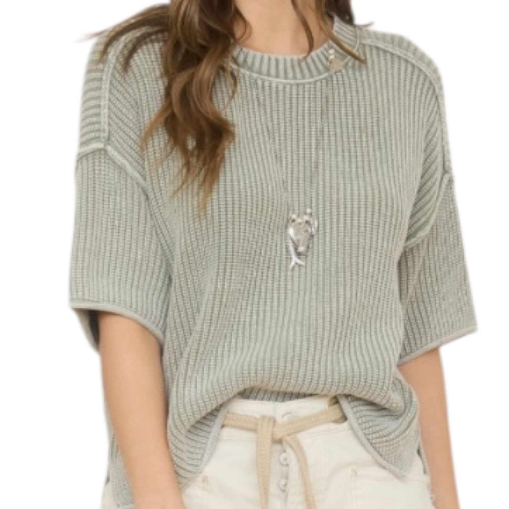 Light Olive Raw Edge Short Sleeve Sweater
