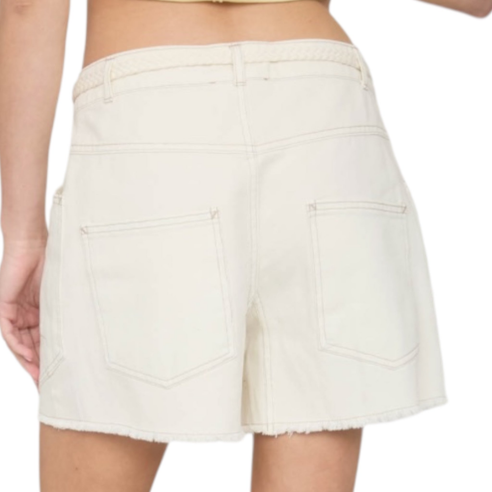 Ecru Distress Hem Braided Drawstring Shorts