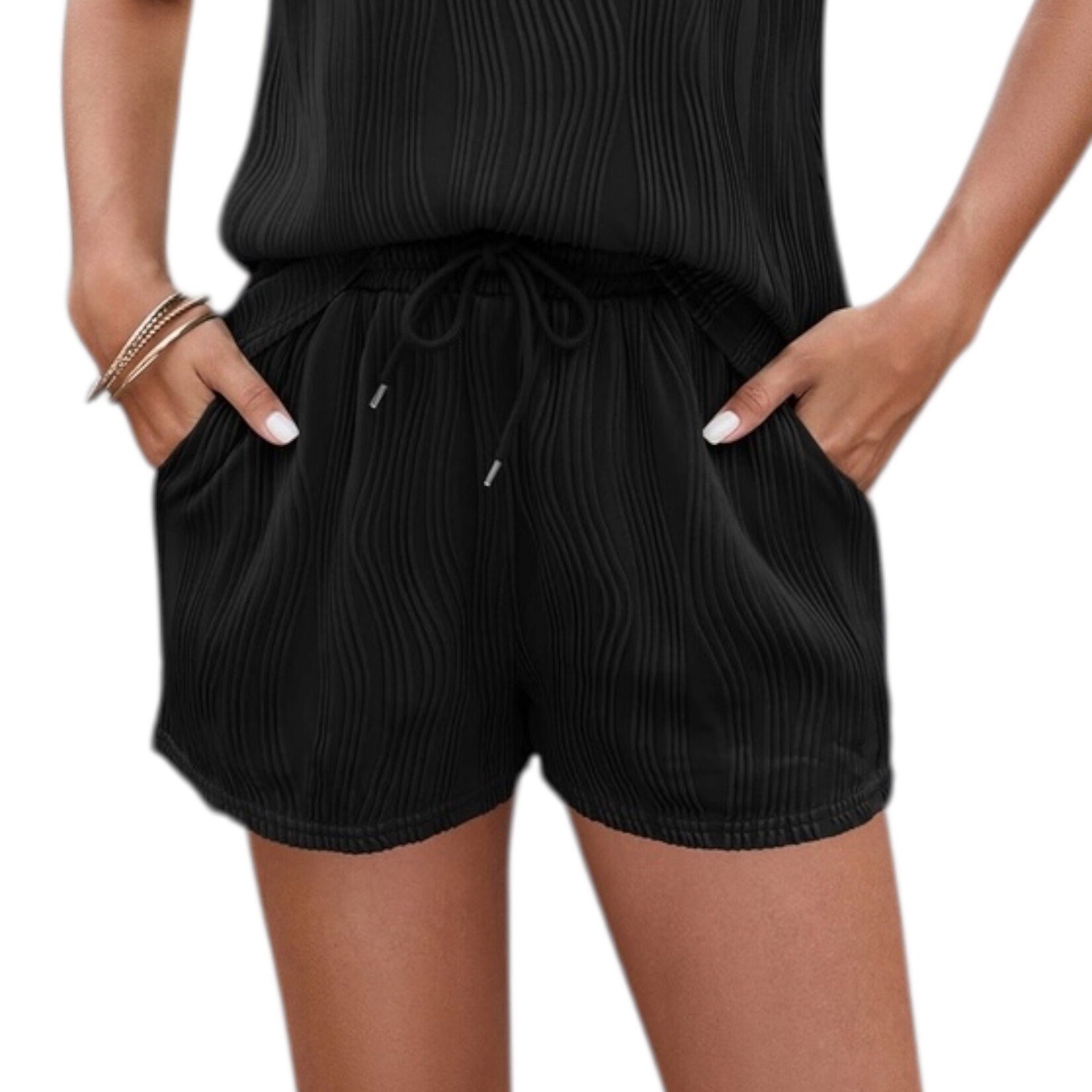 Lovesoft Black Crinkle Short Sleeve Top and Short Set