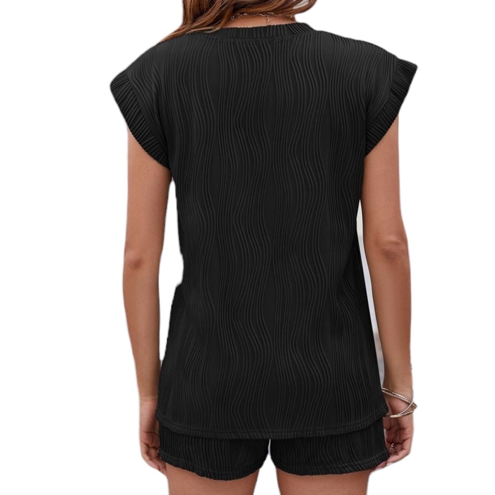 Lovesoft Black Crinkle Short Sleeve Top and Short Set