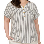 Plus Cream Stripe Half Button Top