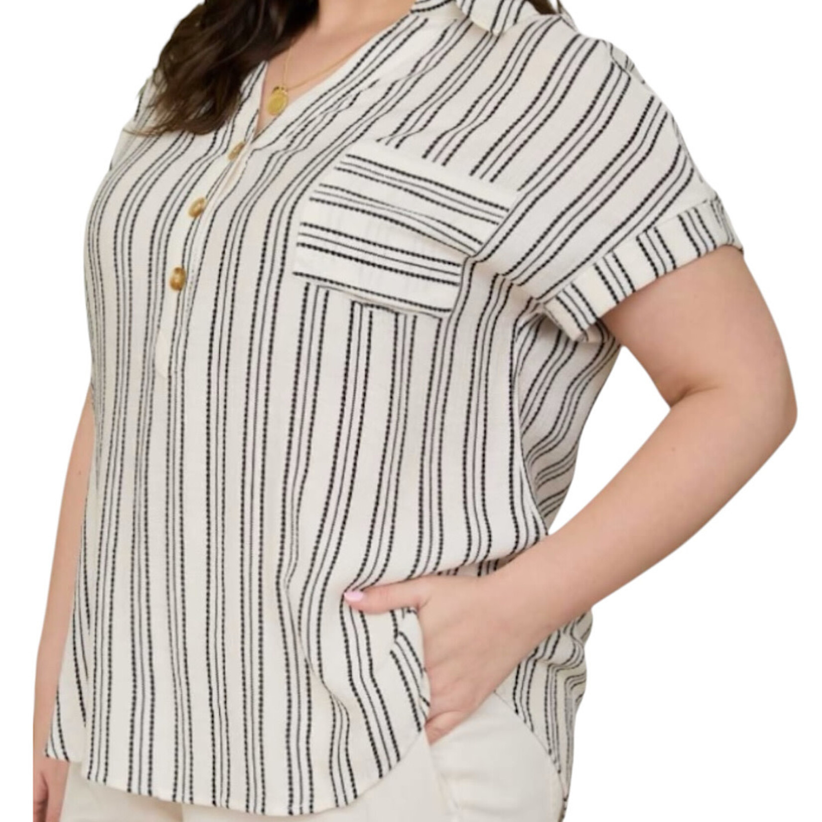 Plus Cream Stripe Half Button Top