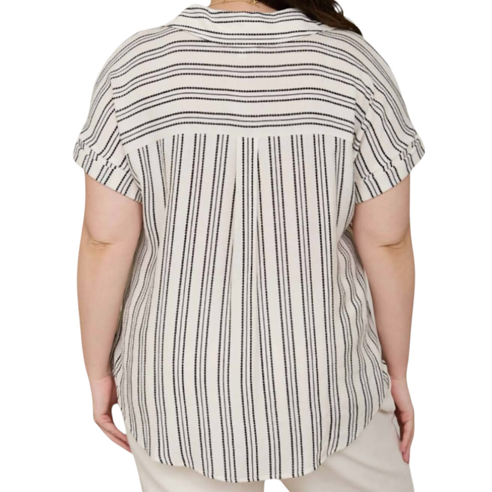 Plus Cream Stripe Half Button Top