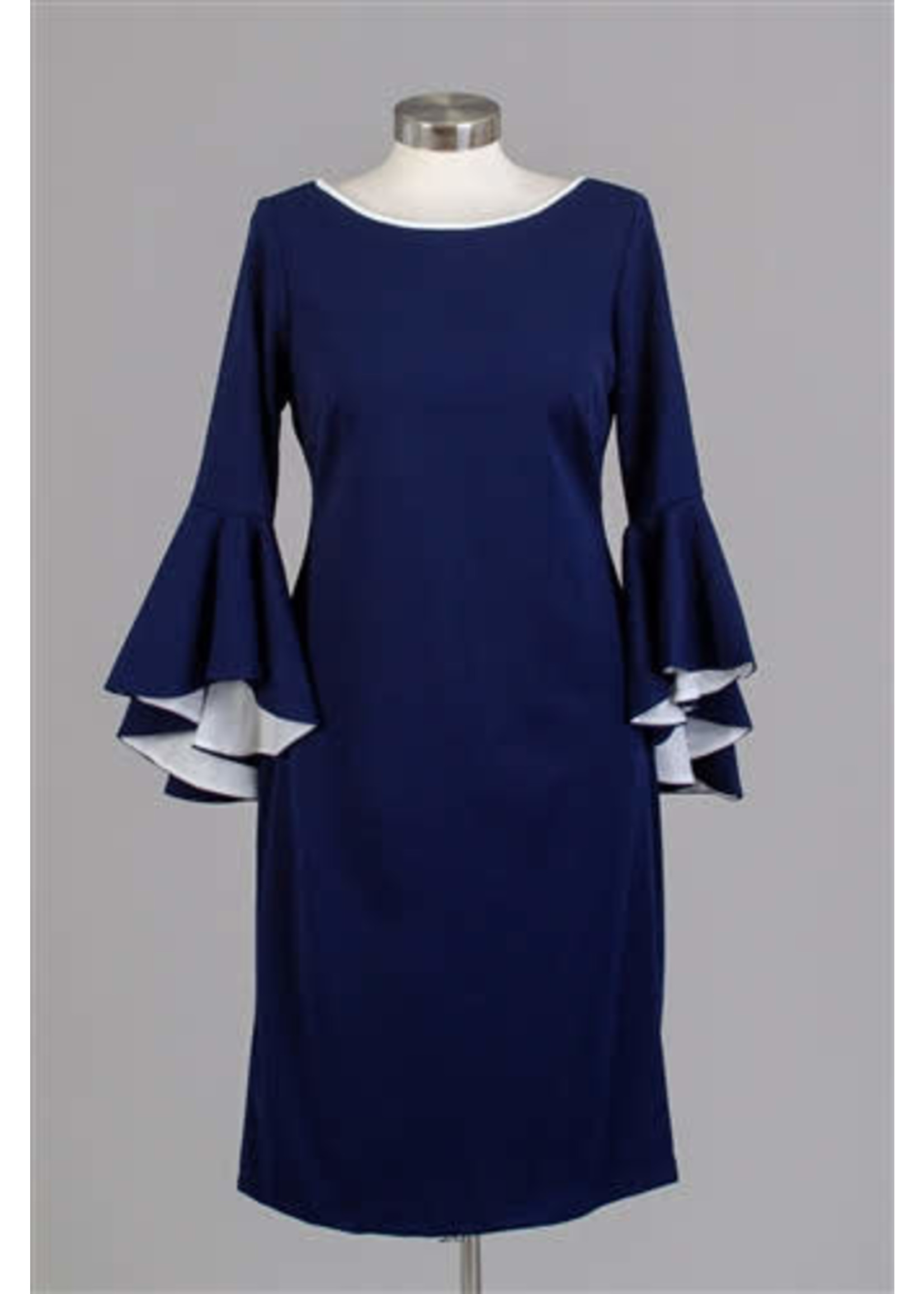 Fashioned For U Church, Cocktail, Work Navy Blue Bell Sleeves Midi Dress