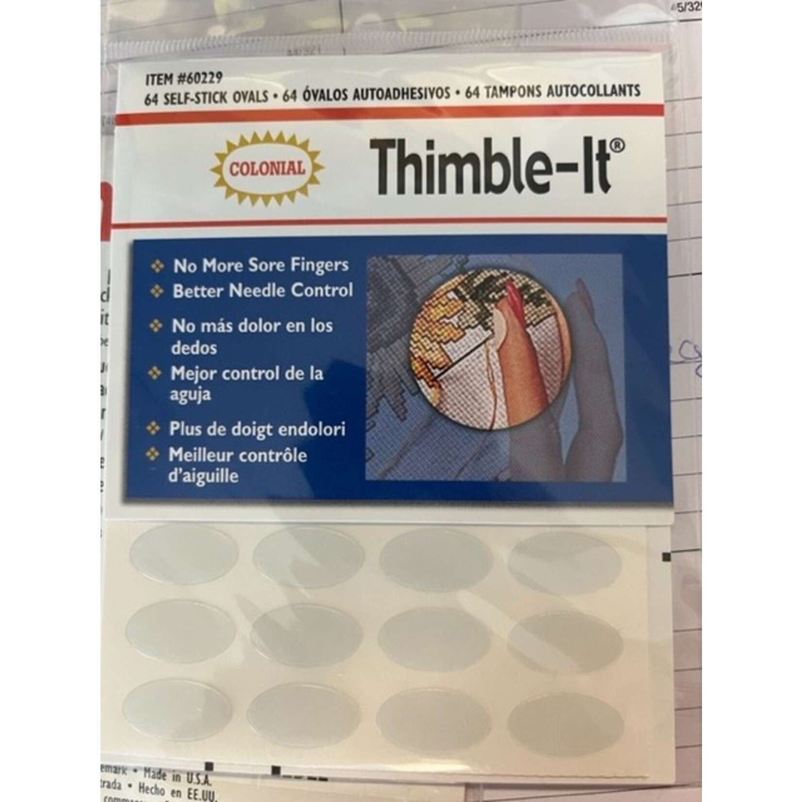 Colonial "Thimble It" finger protectors for hand sewing, needlepoint, or embroidery.  64 self stick ovals