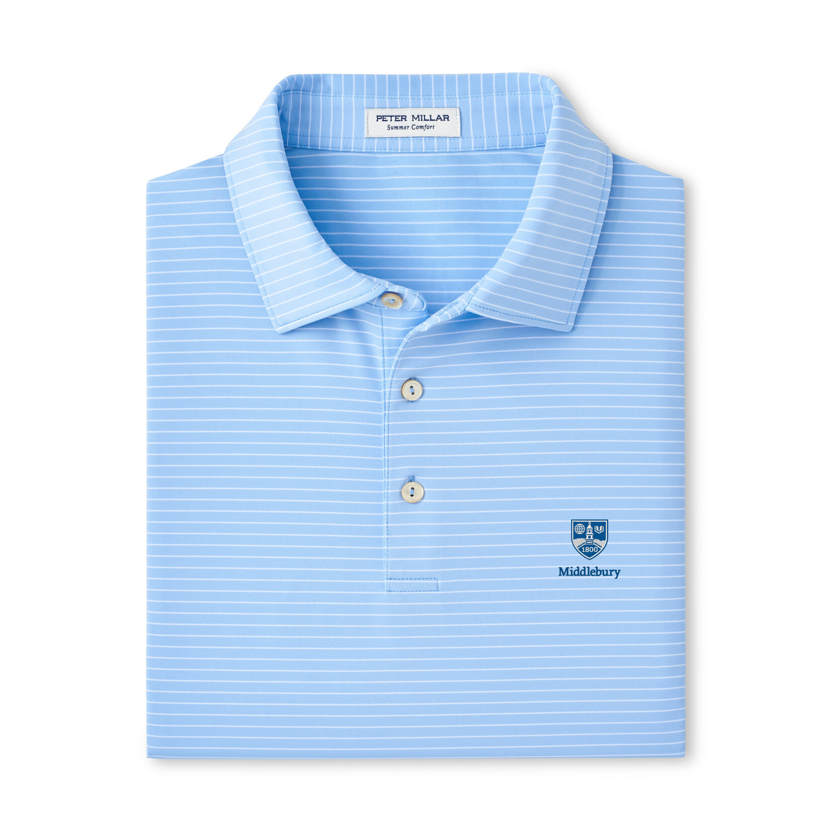 P MILLAR POLO COTTAGE BLUE STRIPE SHIELD LOGO
