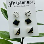 Clay Jewelry Handmade 3 pack White Black Gold Stud Earrings