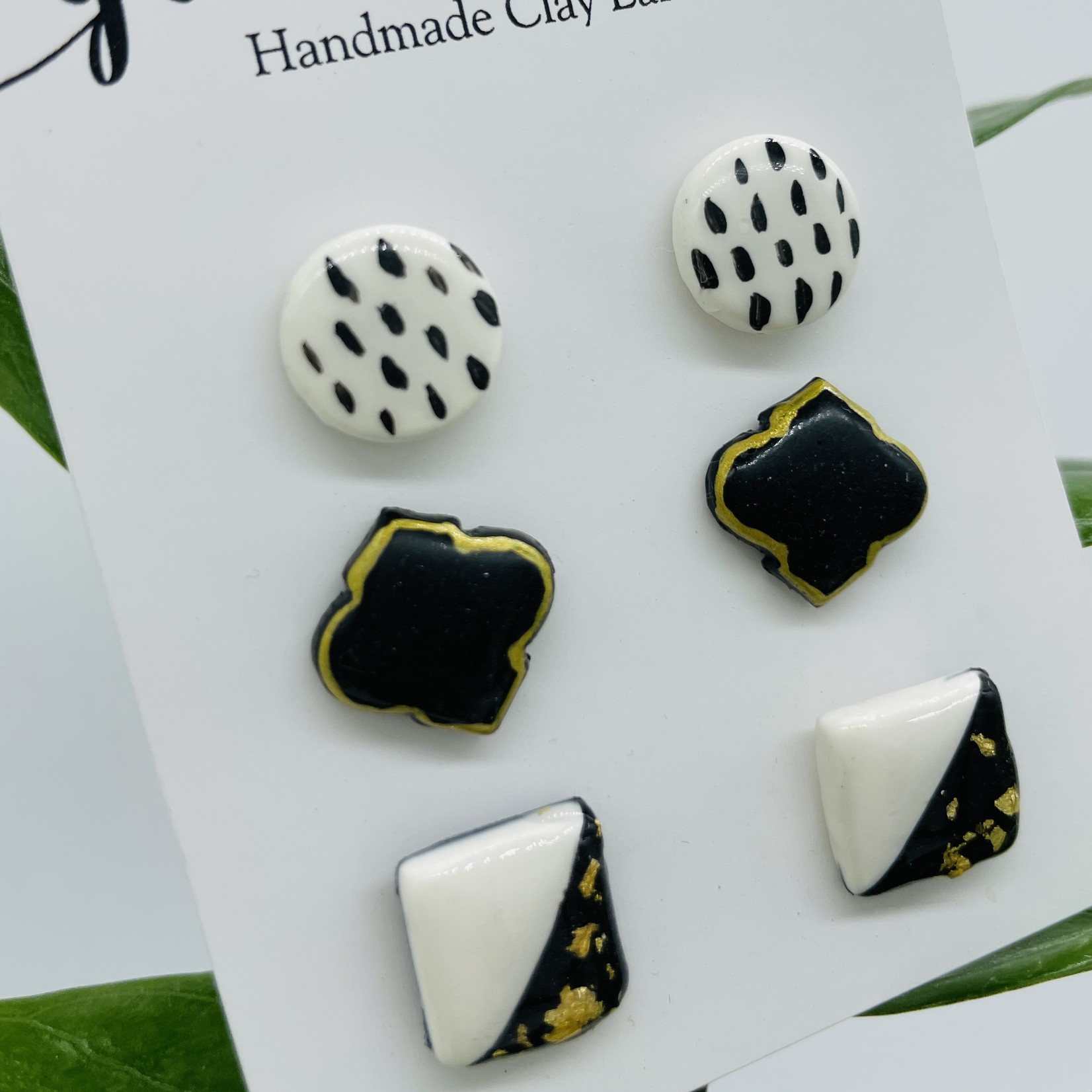 Clay Jewelry Handmade 3 pack White Black Gold Stud Earrings