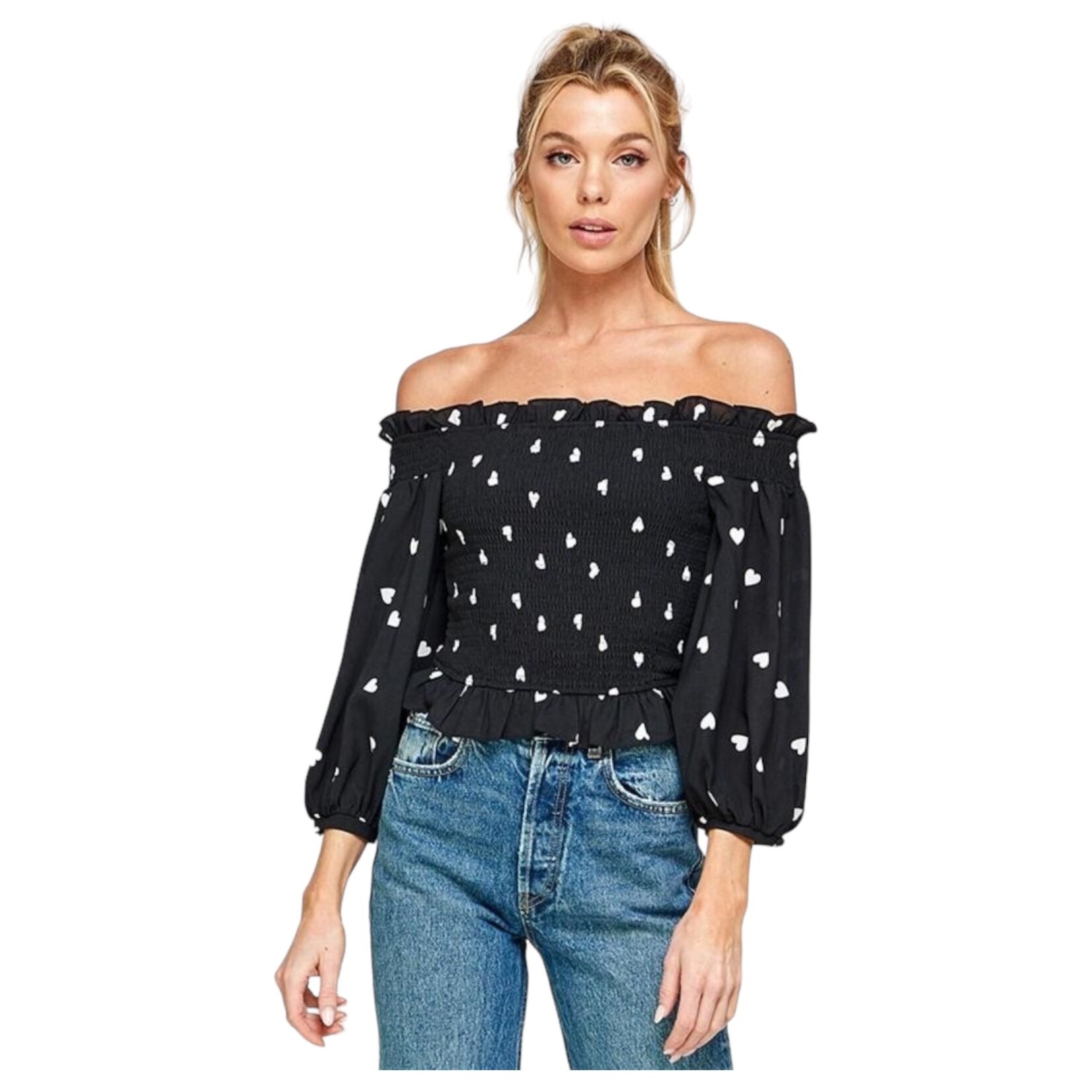 MILK & HONEY MILK & HONEY OFF SHOULDER PRINTED 3/4 SLEEVE SMOCKED TOP 30463T